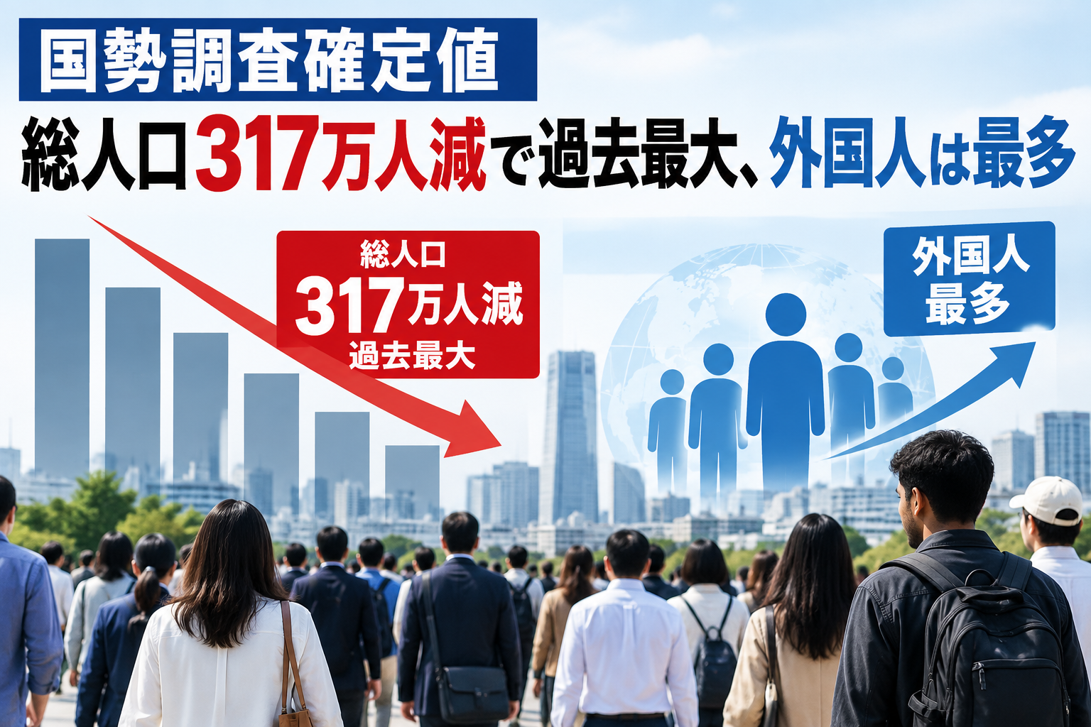 国勢調査確定値 総人口317万人減で過去最大、外国人は最多