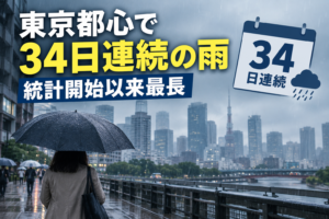 東京都心で34日連続の雨 統計開始以来最長