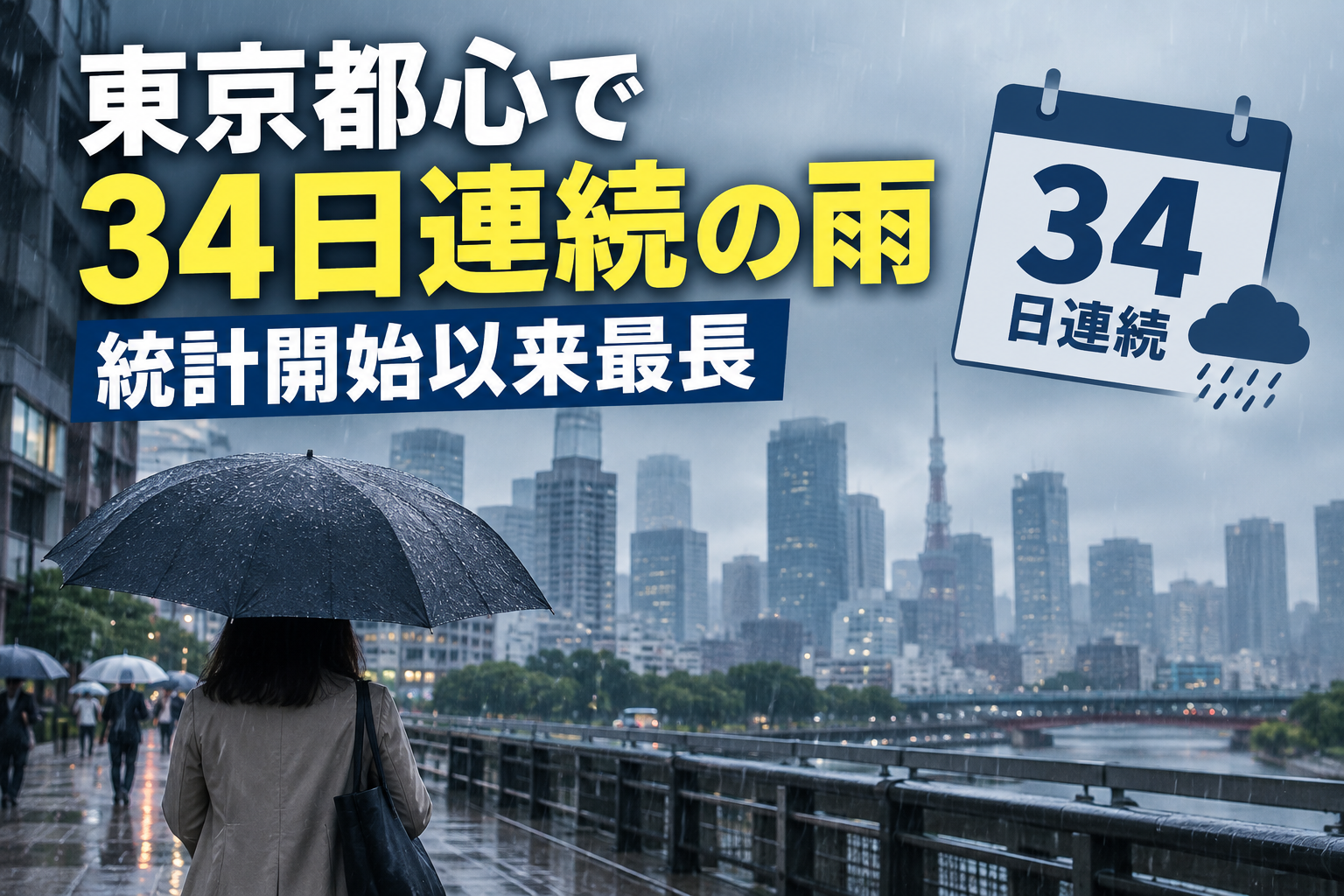 東京都心で34日連続の雨 統計開始以来最長