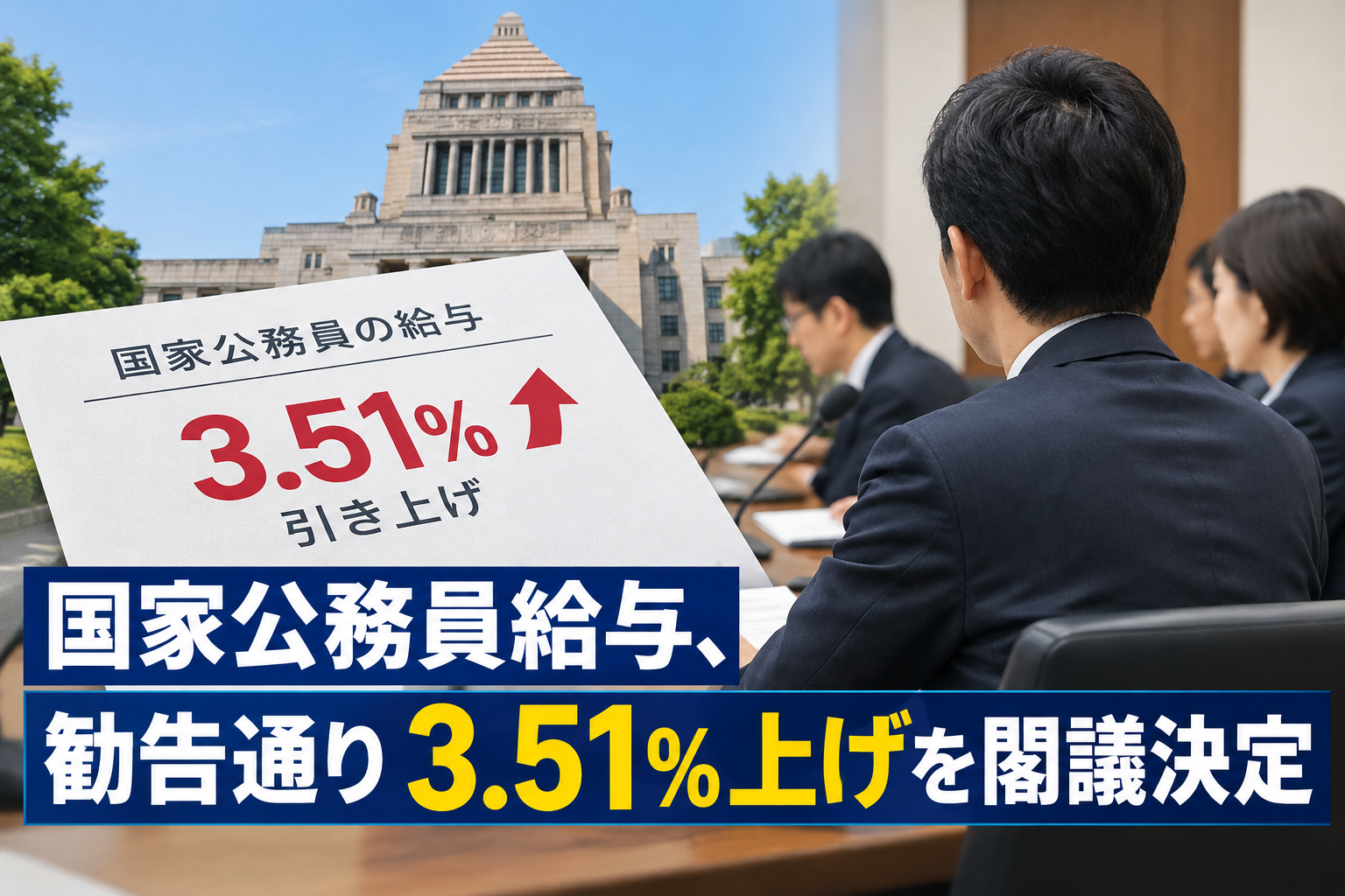 国家公務員給与、勧告通り3.51%上げを閣議決定