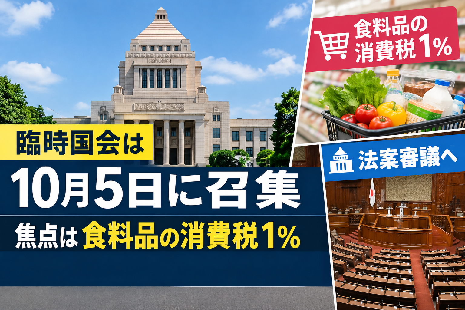 臨時国会が10月5日召集 焦点は食料品の消費税1%