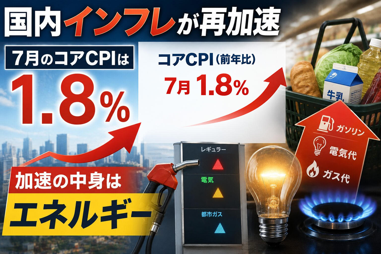 国内インフレが再加速 7月のコアCPIは1.8%、加速の中身はエネルギー